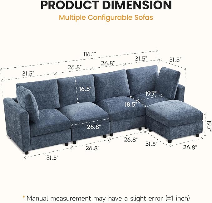 4-Seater Modular Sectional Cloud Sofa with Ottoman, Convertible L-Shaped Couch for Living Room, Modern Deep Seat Modular Sofa, Chenille Blue