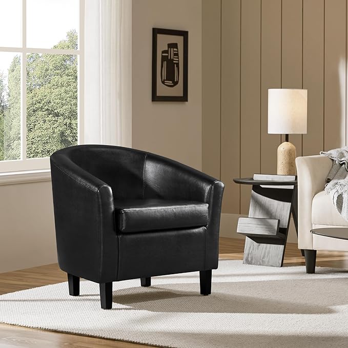 Yaheetech Barrel Chair, Faux Leather Accent Chair, Leather Armchair Club Chair with Soft Padded and Sturdy Legs for Living Room/Bedroom/Study/Waiting Room, Black