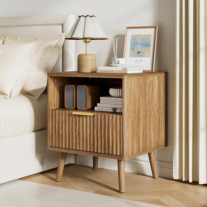 LYNSOM Fluted Dresser and Nightstand Sets 2 Piece, 1-Drawer Nightstands and 7-Drawers Dresser, Wood Bedroom Furniture Set for Home, Bedroom, Hallway, Natural Oak