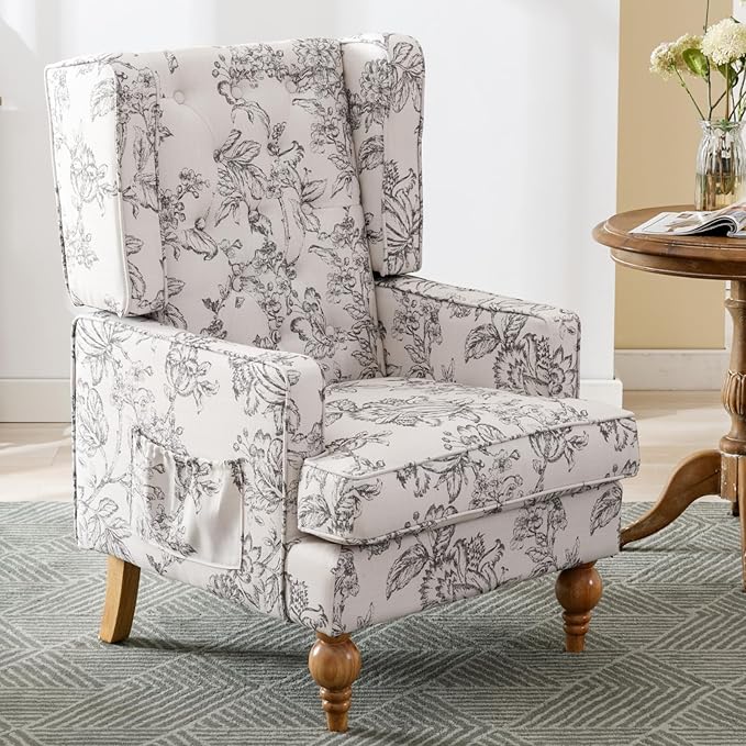 Mid-Century Accent Chair, Upholstered Arm Chair Linen Fabric Side Chair with High Back Solid Wooden Legs, Comfy Reading Chair for Living Room Bedroom, Floral Pattern