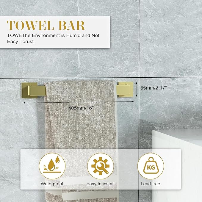 16 in Matte Bathroom Accessories Set, Bath Towel Bar Set, Stainless Steel Bathroom Hardware Set, Towel Racks for Bathroom Wall Mounted 5 Pcs (Golden)