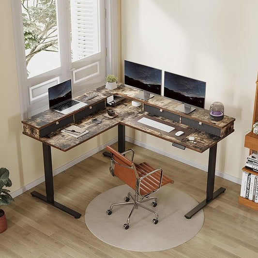 FLEXISPOT 63" L Shaped Standing Desk Electric Corner Table with Shelf, 4 Storage Drawers, Adjustable Computer Workstation for Home, Office, Game, Studio, Rustic Brown Top + Black Frame