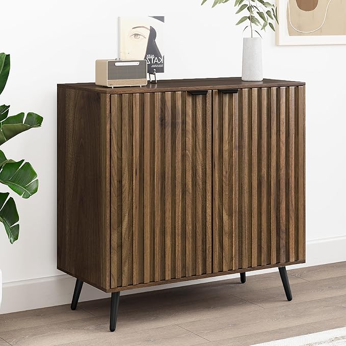 Smuxee Fluted Sideboard Cabinet, Freestanding Walnut Buffet Cabinet with Adjustable Shelf, Wood Storage Cabinet for Living Room, Entryway, Hallway