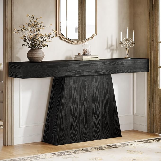 Tribesigns 63" Black Console Table, Farmhouse Entryway Table with Trapezoidal Base, Narrow Long Wood Sofa Table Behind Couch Table for Entrance, Hallway, Living Room, Black