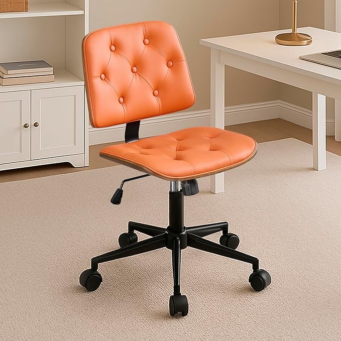 Small Armless Desk Chair – PU Leather Mid-Back Ergonomic Office Chair with Adjustable Height, Swivel Wheels, Walnut Frame, Ideal for Small Office, Study, or Bedroom, Orange