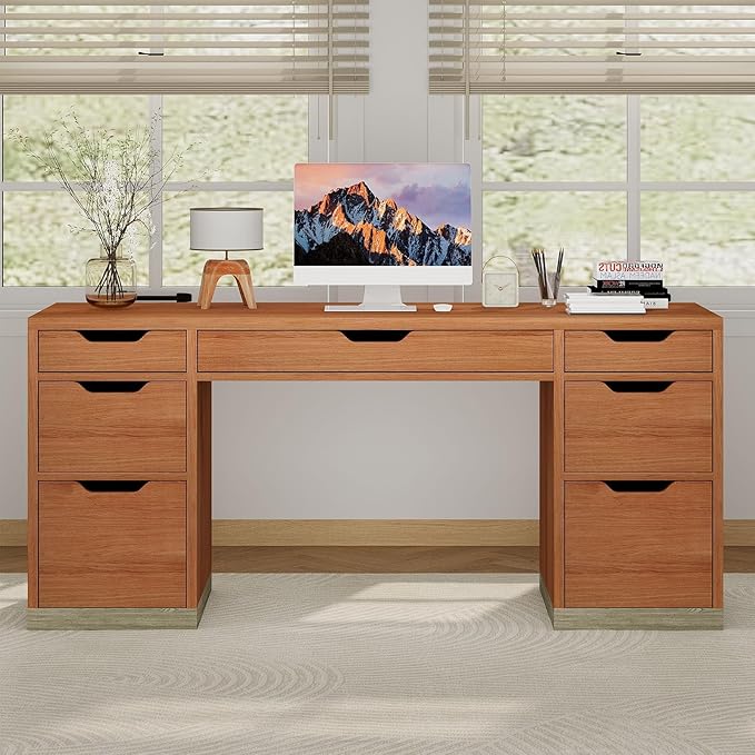 54 Inch Executive Desk with Drawers, Computer Desk with 7 Drawers for Bedroom, Office Desk with File Cabinet for Work Study Writing, Small Spaces, Brown