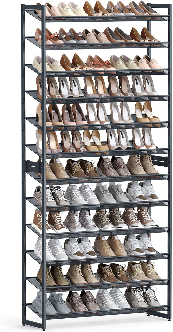 SONGMICS 12-Tier Stackable Shoe Shelf Set, Metal Shoe Storage for Garage, Entryway, with Adjustable Shelves, Hold 48-60 Pairs, Cool Gray ULMR12G01