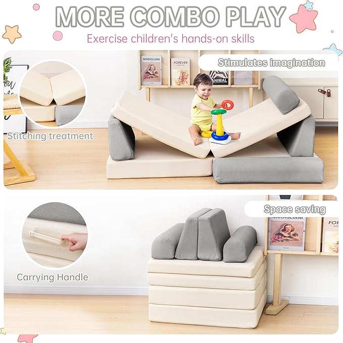 Modular Play Sofa, Instant Expansion, Corduroy Fabric, Grey and Beige