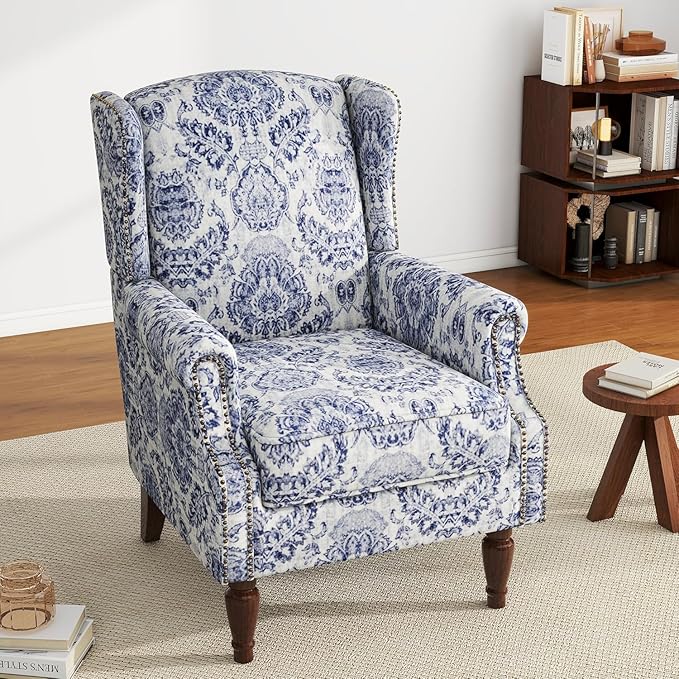 UIXE High Back Floral Accent Chair, Fabric Upholstered Armchair for Living Room, Retro Wingback Arm Chair with Solid Wood Legs, Nailhead Trim Single Sofa Bedroom Reading Seat - Navy Blue