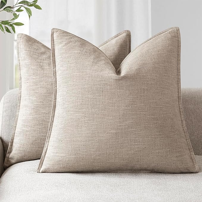Foindtower Set of 2, Decorative Linen Soild Throw Pillow Covers Soft Accent Cushion Euro Case Boho Farmhouse Pillowcase for Chair Couch Sofa Bedroom Living Room Home Decor 24 x 24 Inch Natural Linen