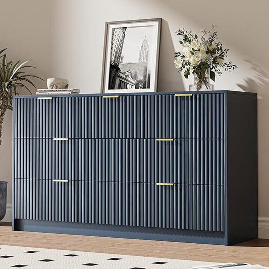 3-Piece Dresser Bedroom Set, 7 Drawer Dresser & 3 Drawer Nightstands with Gold Handles, Fluted Wood Chest of Drawers for Bedroom, Living Room, Entryway, Navy Blue