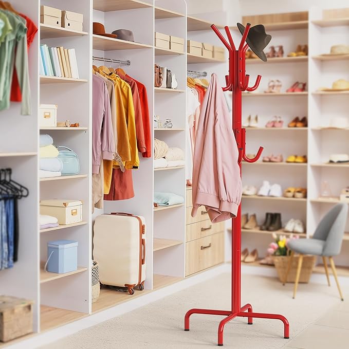 Simple Houseware Standing Coat and Hat Hanger Organizer Rack, 12 Hooks, Red