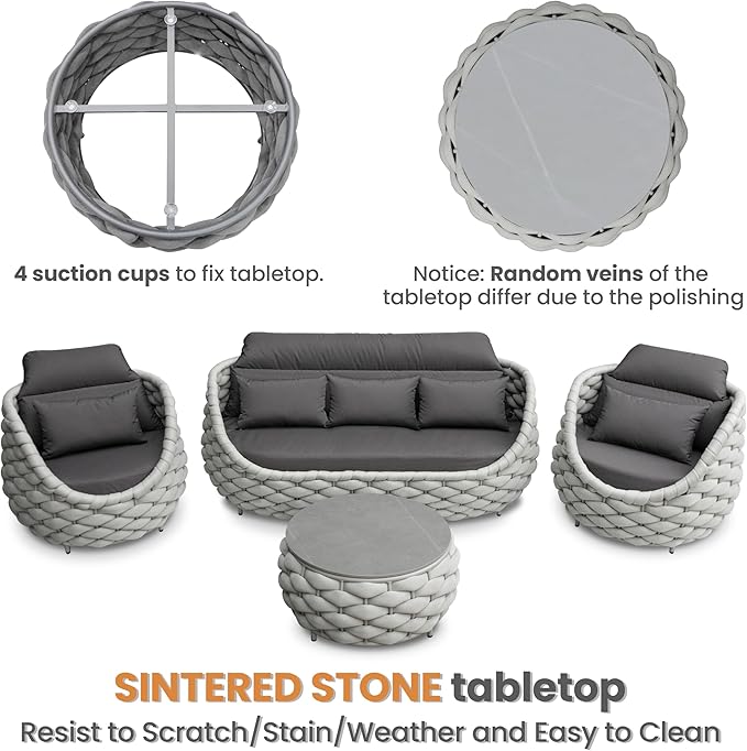 Rope Patio Furniture Set: 4 Pieces Aluminum Outdoor Couch Set Cushioned - Assembled Conversation Sofa Set Modern - Metal Porch Seating for 5 Person - All Weather for Deck Garden Poolside Hotel