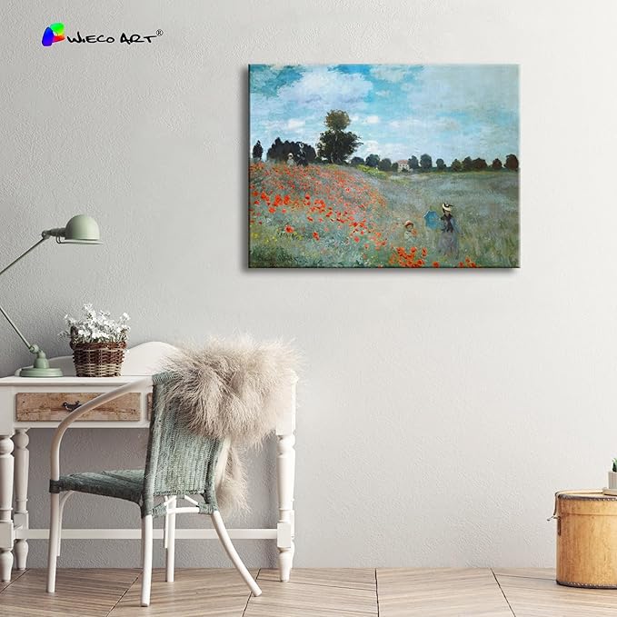 Wieco Art Large The Poppy Field Near Argenteuil by Claude Monet Famous Oil Paintings Reproduction Classic Landscape Pictures Artwork Canvas Prints Wall Art for Bedroom Decorations