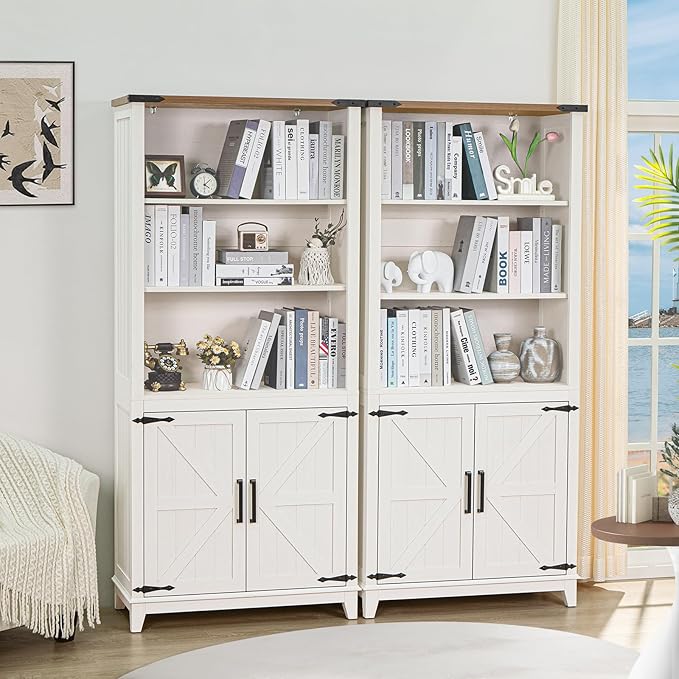 5 Tier Bookshelf 70in Tall Bookcase with Barn Doors and Storage Cabinet, White Farmhouse Book Shelf with Adjustable Shelves, Wood Freestanding Display Bookshelves for Bedroom, Kitchen (2PCS)