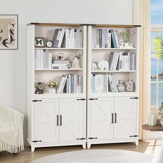 70in Tall Bookshelf 5 Tier Bookcase with Barn Doors and Storage Cabinet, White Farmhouse Book Shelf with Adjustable Shelves, Wood Freestanding Display Bookshelves for Bedroom, Kitchen (3PCS)