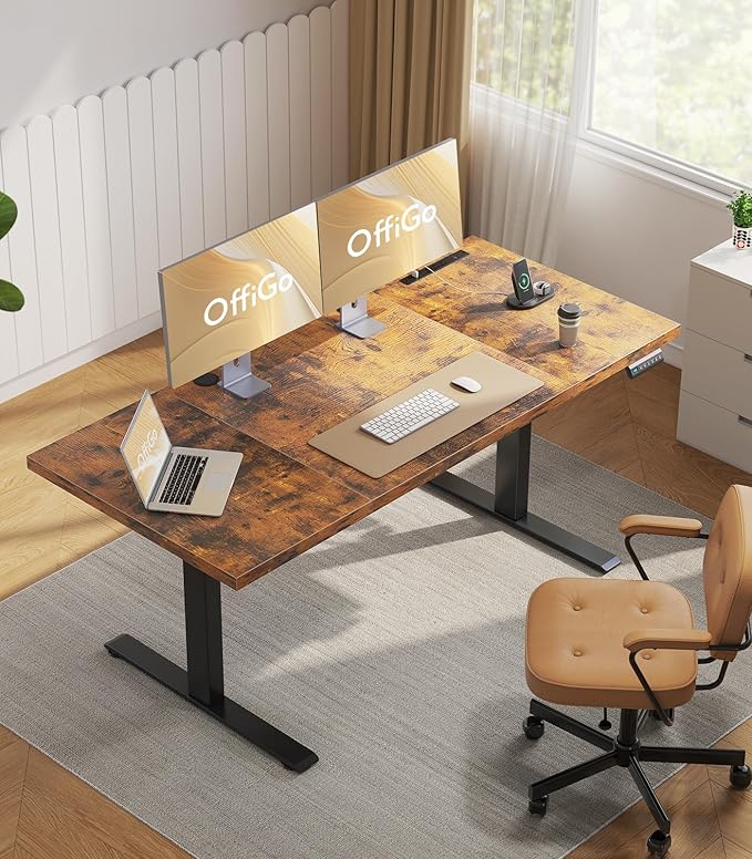 OffiGo Electric Standing Desk with 3-Piece Board, 71 Inch Height Adjustable Large Desk with Power Outlets, Sit Stand Table, Writing Computer Desk for Home, Office, Workstation, Rustic Brown