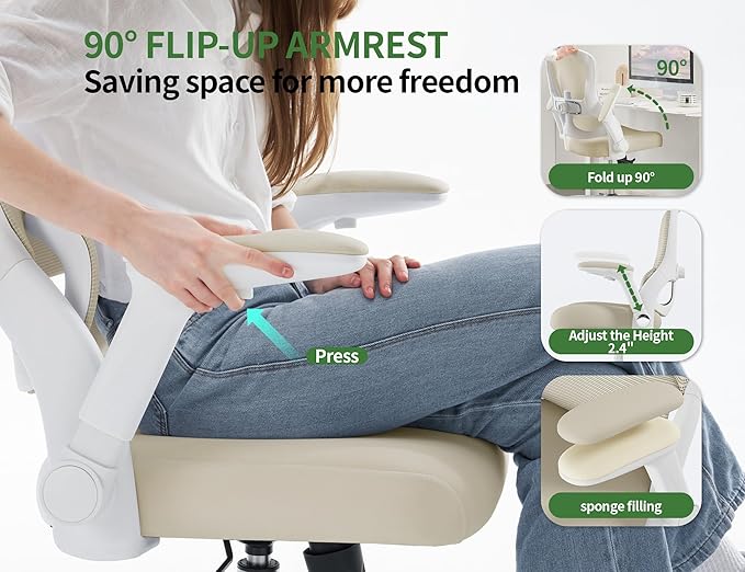 Office Chair - Ergonomic Desk Chair with Adjustable Headrest Lumbar Support Computer Chair - Mesh Comfy Chairs with Flip-up Armrests - Big and Tall Gaming Chairs for Adults Home Office(Beige)