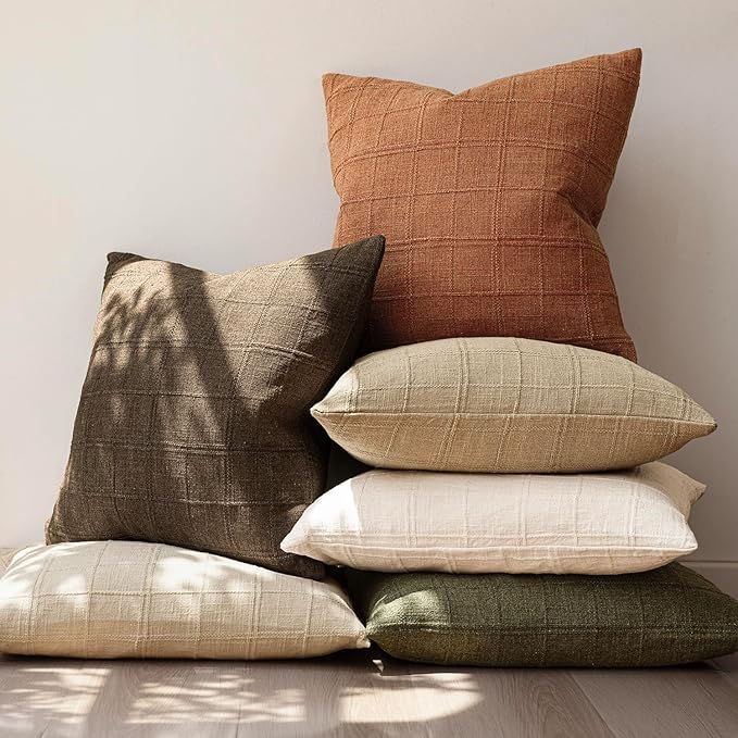Foindtower Set of 2 Decorative Linen Check Throw Pillow Covers Neutral Farmhouse Vintage Cushion Covers Modern Boho Home Decor for Sofa Chair Couch Bedroom Living Room,26×26 Inch,Orange