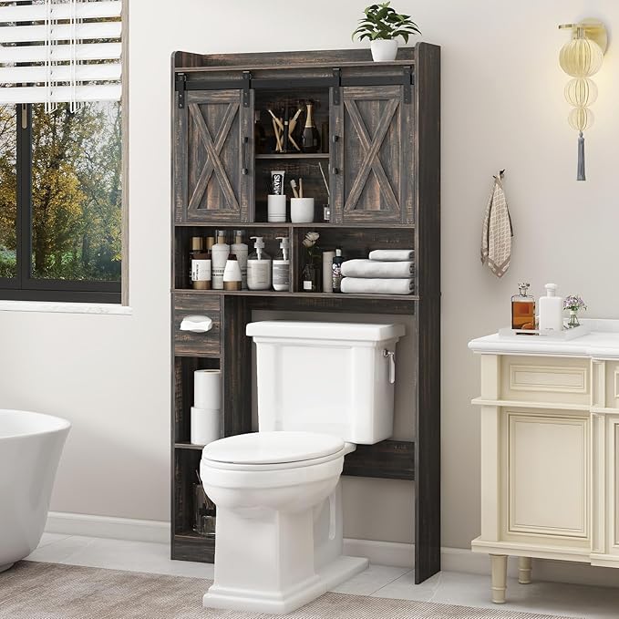 Vabches Over The Toilet Storage Cabinet, Farmhouse Storage Cabinet Over Toilet with Sliding Door& Toilet Paper Holder Stand,Home Space-Saving Toilet Rack, for Bathroom, Laundry and Restroom