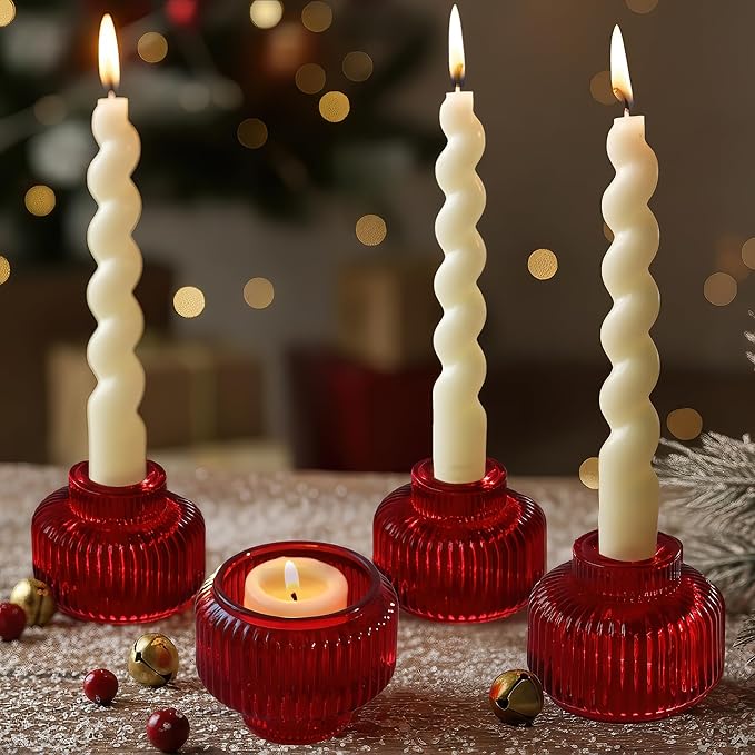 Kate Aspen Red Ribbed Taper Candle Holders for Candlesticks Set of 4 - Christmas Decor, Holiday Candle Holders, Red Candlesticks & Votive Candle Holder for Christmas Table Centerpieces