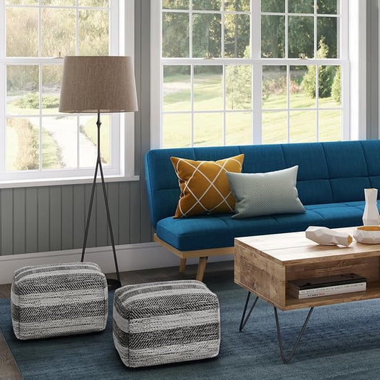 SIMPLIHOME Clay Boho Square Pouf in Grey Melange Cotton for the Living Room, Bedroom and Kids Room