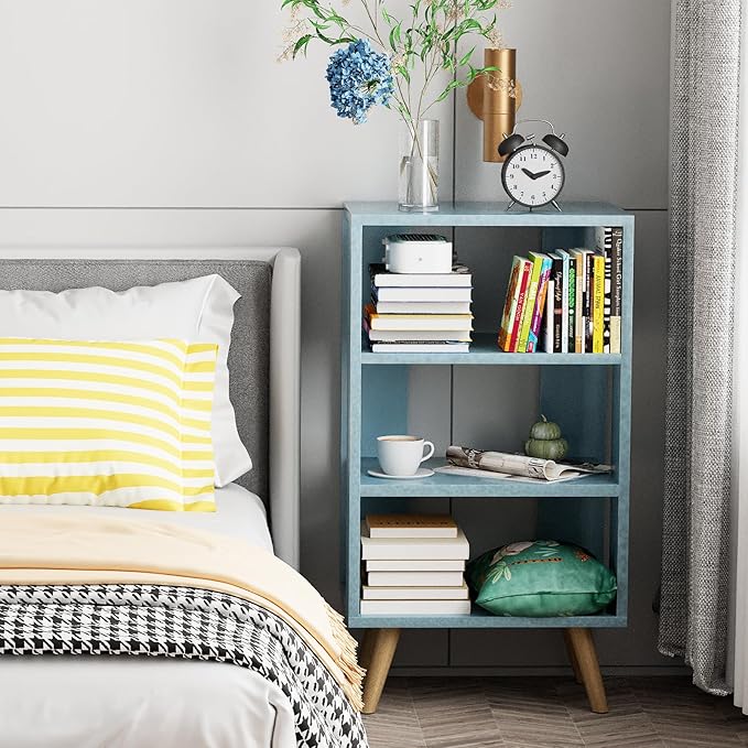 Night Stand, Blue Kids Nightstand, Modern End Table with Open Storage, 3-Tier Nursery Bedside Table for Small Space, Living Room, Bedroom