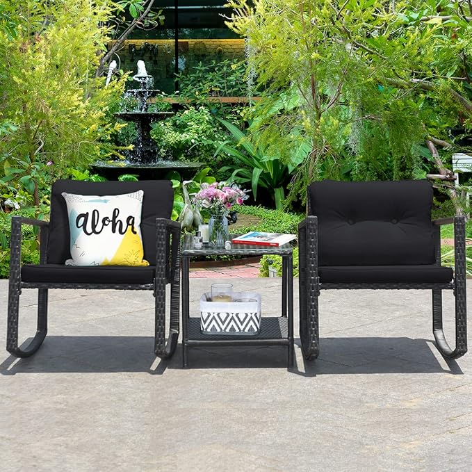COSTWAY 3 Pieces Patio Rattan Rocking Chair Set, Outdoor Conversation Furniture Sets with Coffee Table, Storage Shelf and Cushions, Modern Bistro Set for Porch, Backyard, Garden, Black