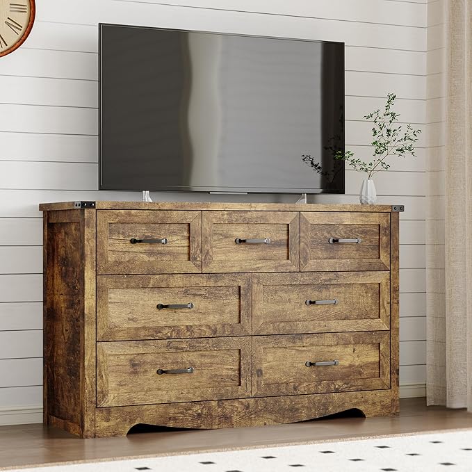 7-Drawer Dresser for Bedroom, Modern Wooden Chest of Drawers with Metal Handles, Anti-Tipping Design, Sturdy and Stable Storage Organizer for Living Room, Entryway, Home Office