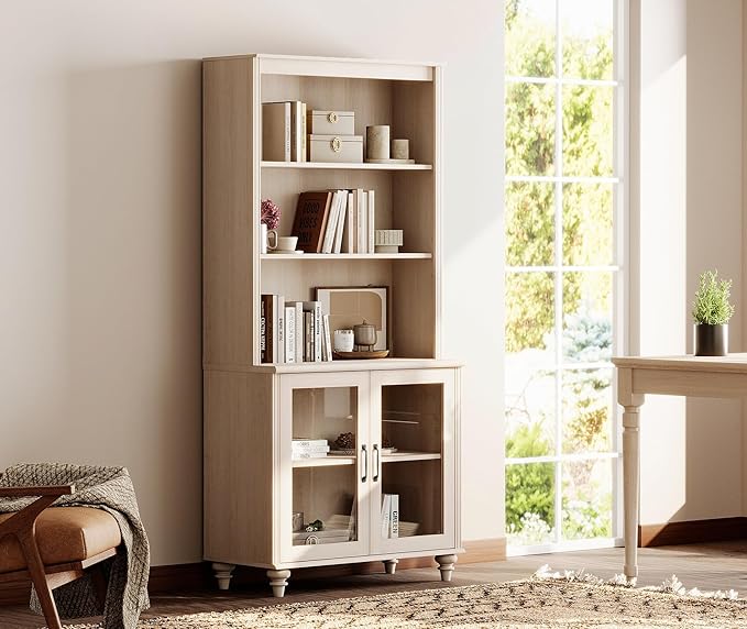 WAMPAT 5 Tier Bookshelf 72" Tall Bookcase with Glass Doors,Large Farmhouse Display Book Shelf with Adjustable Shelves and Storage Cabinet,Library Wood Bookshelves for Living Room,Kitchen, Light Oak