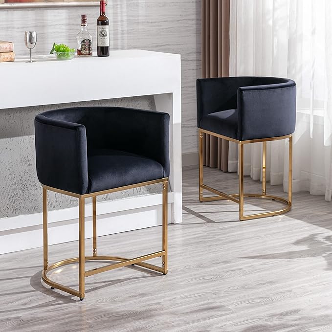 Contemporary Black Velvet Bar Stool, 24" Upholstered Fabric Counter Height Barstool Kitchen Counter Island Stool with Screwed Together Golden Metal Base