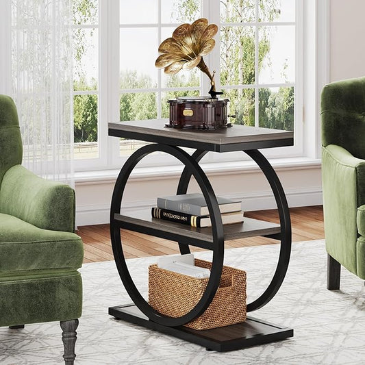 LITTLE TREE 3-Tier End Table, Grey Side End Table with Storage Shelves, Small Sofa Side Table for Living Room, Slim Nightstand and Bedside Table with Black Double Round Metal Legs