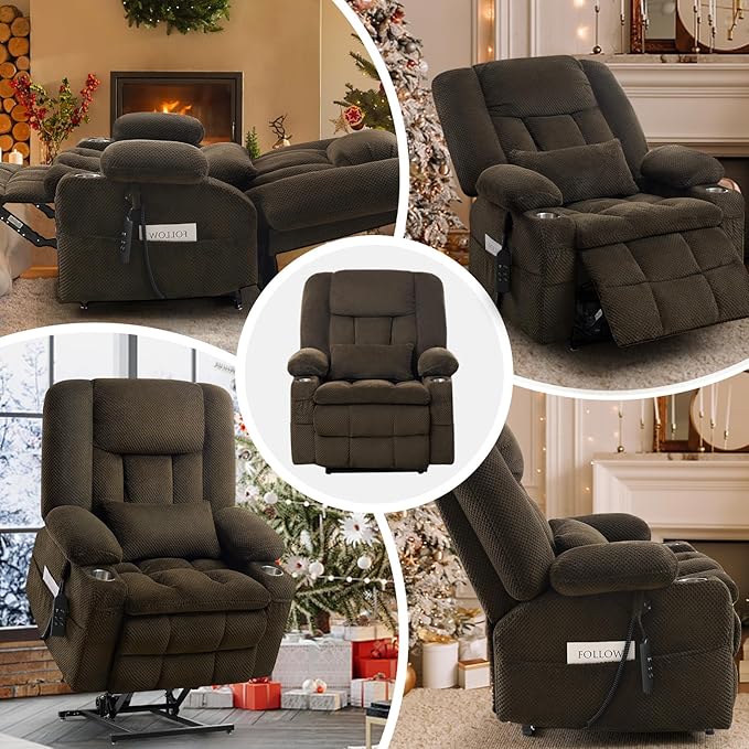 ABCASA Oversized Dual Motor Lay Flat Power Lift Recliner Chair, Massage Recliner with Heat for Living Room, Lumbar Pillow, USB & Type-C Ports, Oversized Recliner for Elderly & Big People - Brown
