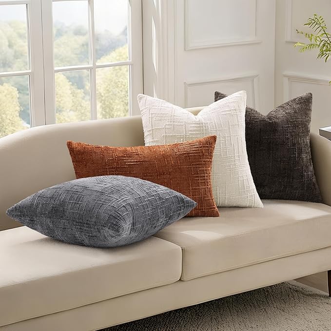 decorUhome Dark Grey Chenille Throw Pillow Covers 12x20 Set of 2 Thick Textured Slubby Couch Pillow Covers Farmhouse Accent Modern Neutral Decorative Pillow Cases for Bed Sofa Living Room