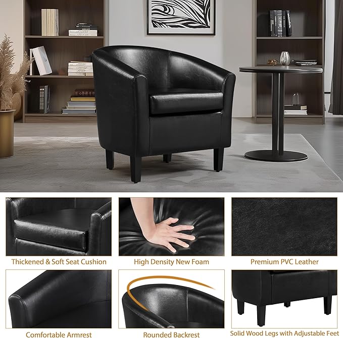 Yaheetech Barrel Chair, Faux Leather Accent Chair, Leather Armchair Club Chair with Soft Padded and Sturdy Legs for Living Room/Bedroom/Study/Waiting Room, Black