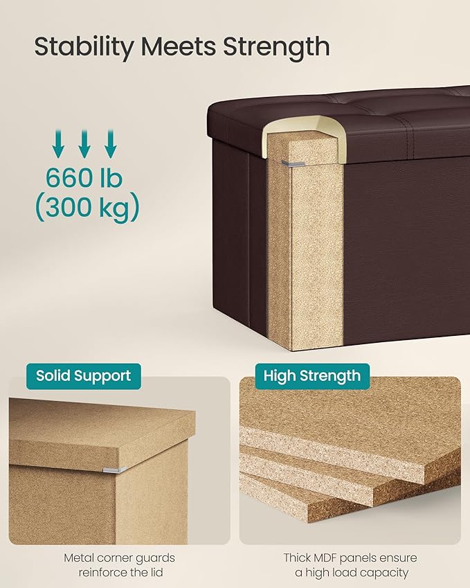 SONGMICS MAZIE Collection - 43 Inches Folding Storage Ottoman Bench, Ottoman with Storage, Foot Rest Stool, Load 660 lb, for Living Room, Synthetic Leather, Brown ULSF703