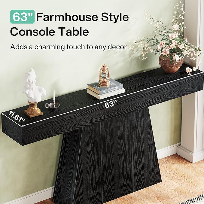 Tribesigns 63" Black Console Table, Farmhouse Entryway Table with Trapezoidal Base, Narrow Long Wood Sofa Table Behind Couch Table for Entrance, Hallway, Living Room, Black