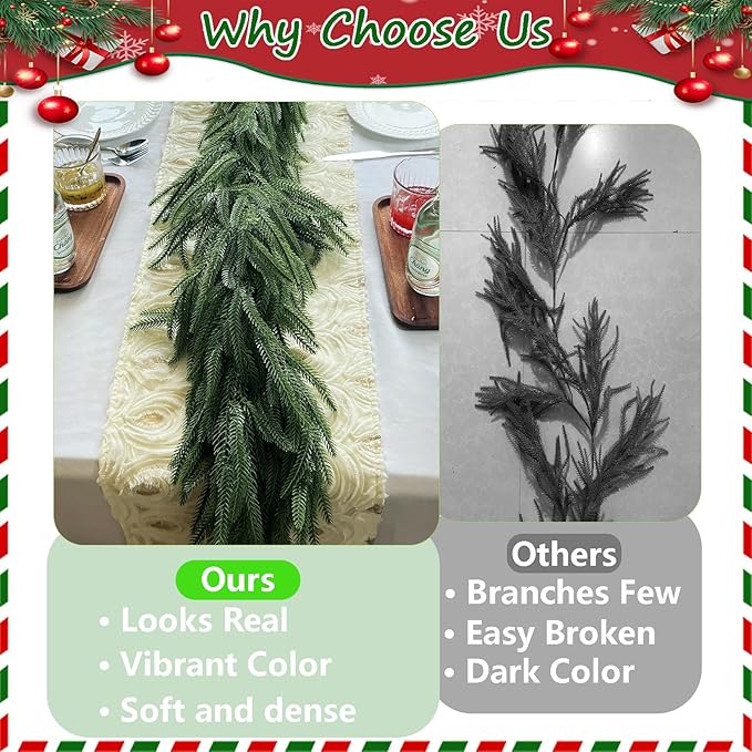 Christmas Garlands Norfolk Pine - Real Touch Pine Garlands - Garlands Christmas Decorations for Home Dining Table Mantel Porch Winter Christmas Decor(6ft)