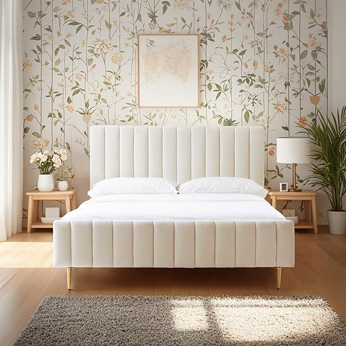 Livinia Queen Size Elton Velvet Platform Bed, Upholstered Bed Frame with Vertical Channel Tufted Headboard Footboard, Strong Wood Slats, No Box Spring Needed, Ivory (Queen)