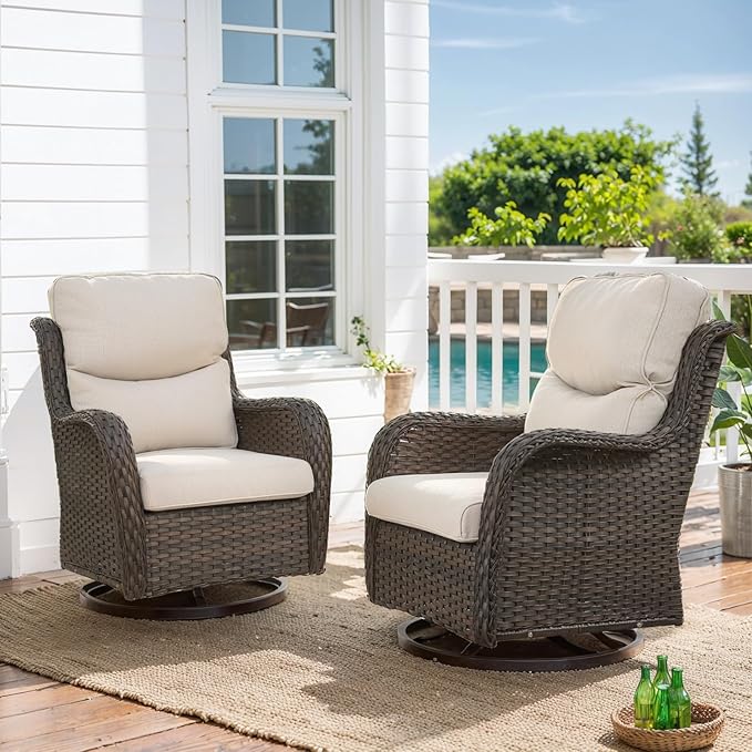 HUMMUH High Back Outdoor Swivel Rocker Patio Chairs Set of 2 with 5-Inch Thick Cushions, All-Weather Wicker Patio Furniture for Porch,Poolside, Deck, and Yard