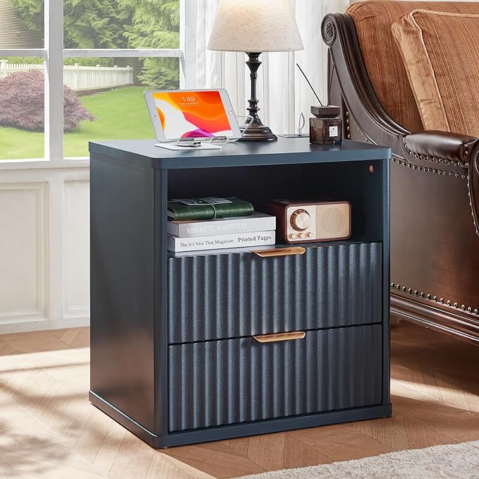 LEYAOYAO Fluted Nightstand with Charging Station, 23" Wide 2 Drawers End Table,Night Stand with Open Storage Cabinet, Farmhouse Bed Side Tables, Wood Dresser for Bedroom, Living Room, Closet, Blue