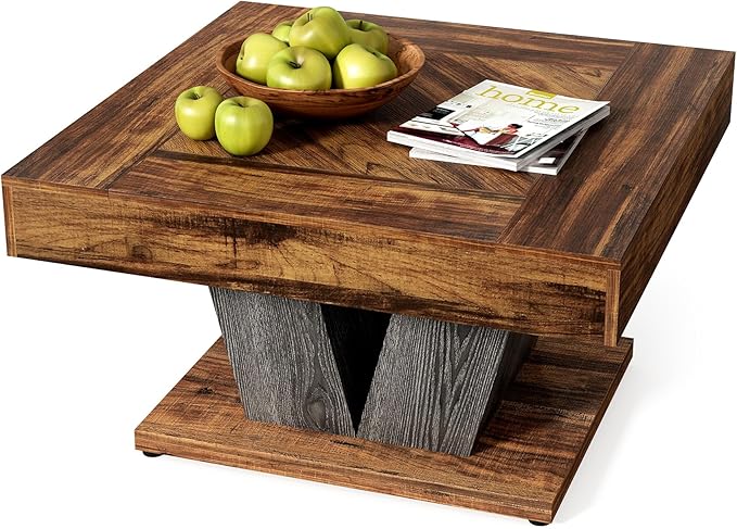 LITTLE TREE Square Coffee Table, Modern Rustic Coffee Table for Living Room, Wooden Table with Adjustable Feet, Brown