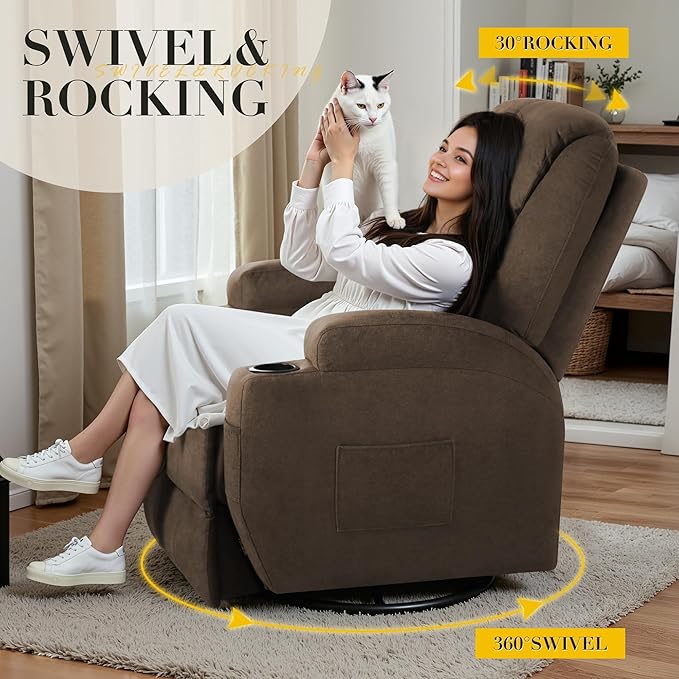 Recliner Chair, 360° Swivel Rocker Chair for Adults, Rocking Recliner Chair with Massage, Comfy Single Sofa with Side Pockets Cup Holders for Living Room, Bedroom, Nursery (Fabric, Brown)