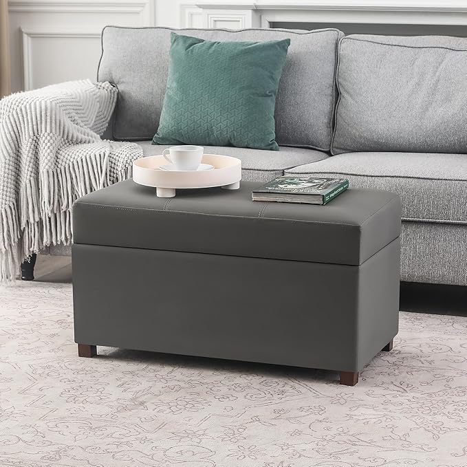 Asense Storage Ottoman Bench –32 Inch Stylish Compact Design with Storage, Extra Seating & Modern Leather Appeal for Living Room, Bedroom, Entryway, Slate Gray