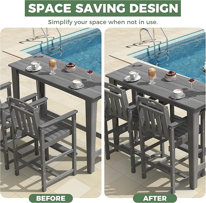 HDPE Outdoor Patio Bar Set with High Top Table and 2 Adirondack Chairs, All-Weather Bar Height Outside Rectangular Pub Furniture for Bistro, Garden, Backyard, Deck | 3-Pieces, Grey