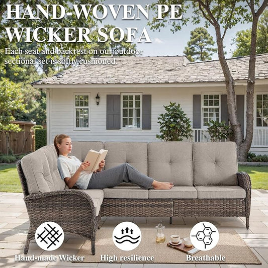 HUMMUH Outdoor Patio Furniture Set,L-Shaped Sectional Couches with Swivel Patio Chairs,Wicker Conversation Set for Deck,Backyard,Porch,Garden