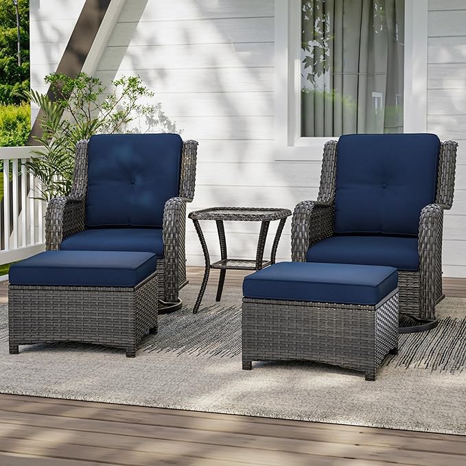 5 Piece Outdoor Patio Furniture Set Wicker Conversation Set Swivel Rocking Chairs with Side Table and Ottomans for Backyard, Porch, Deck, Blue