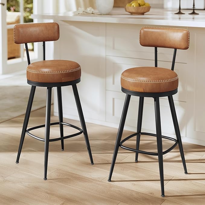 VASAGLE EKHO Collection - Bar Stools Set of 2, Swivel Counter Height Bar Stools with Back, Synthetic Leather with Stitching, Mid-Century Modern, 25.6-Inch Tall Barstools for Kitchen Bar, Caramel Brown