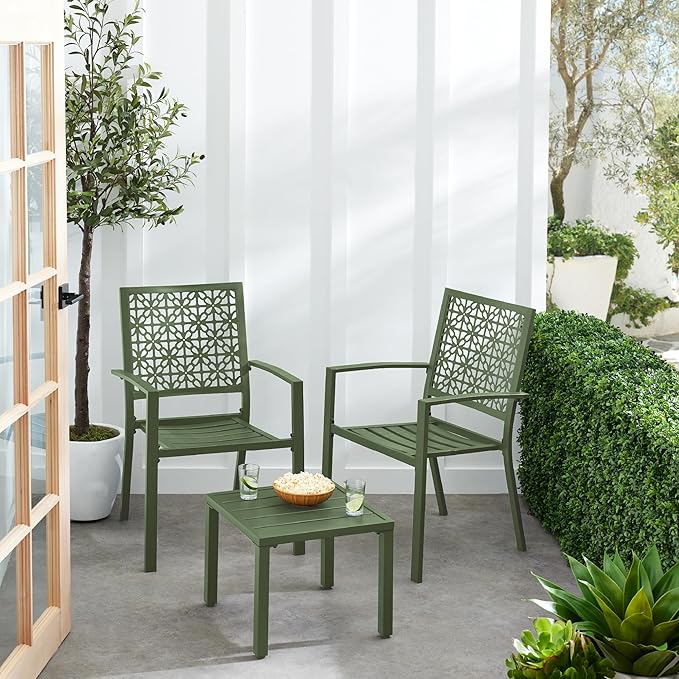 Best Choice Products 3-Piece Outdoor Bistro Set, Stackable Modern Steel Furniture for Porch, Garden w/ 2 Chairs, Table, Geometric Decor - Sage Green