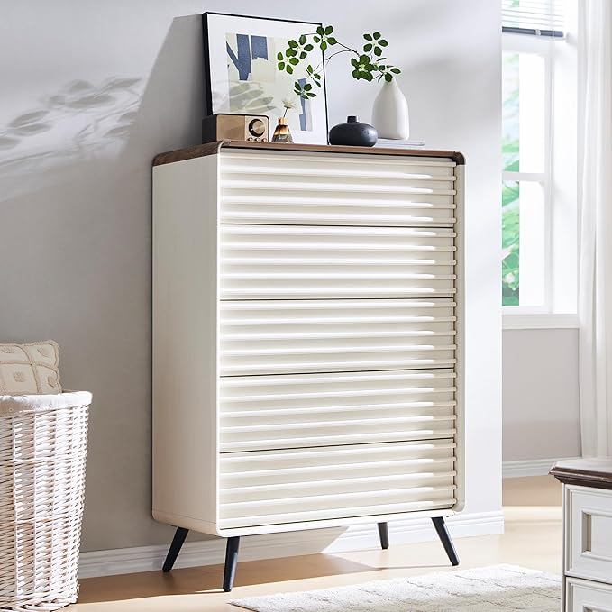 RedLemon 5 Drawers Dresser for Bedroom, 48'' Tall Mid Century Modern Wood Fluted Dresser, Chest of Drawers with Tapered Leg for Bedroom, Living Room, Hallway, Closet,Antuique White